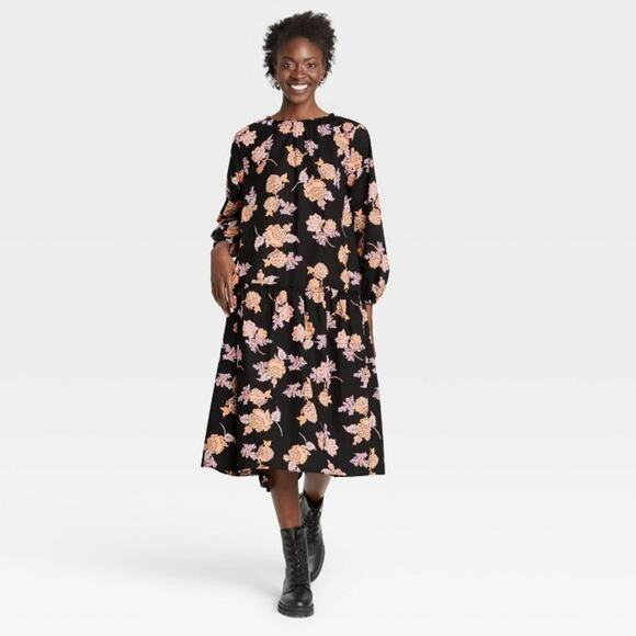 Who What Wear Black Floral Long Modest Cotton Rustic Ruffle Prairie Boho Dress L - Picture 1 of 14